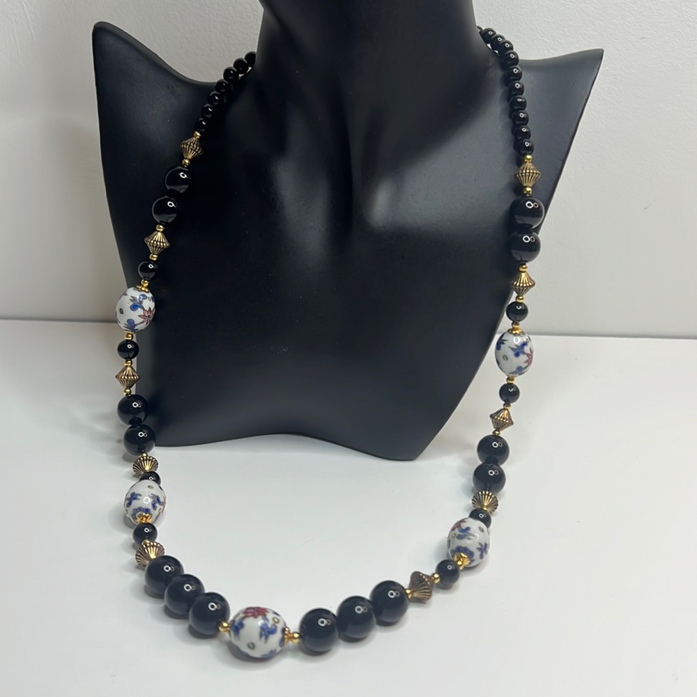 Vintage Black Glass Beaded Necklace with Gold Tone Accents